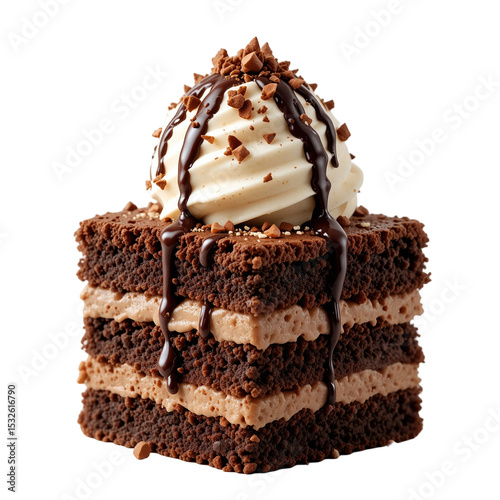 Indulge rich brownie sundae featuring layers of chocolate and coffee ice cream, topped with whipped cream and chocolate
