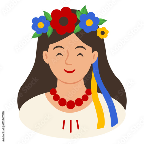 Ukrainian woman in traditional costume with a flower wreath. Vector illustration