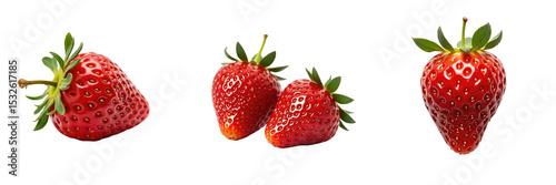 Wallpaper Mural Fresh red strawberries with green leaves isolated on transparent background, showcasing three different angles of strawberries in various arrangements. Torontodigital.ca
