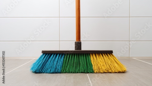 A close-up of a broom with blue, green, and yellow bristles resting on a tiled floor against a white tiled wall.