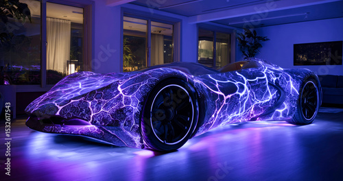 A futuristic bioengineered vehicle is illuminated with vibrant light patterns, highlighting its sleek design and muscular structure. It is located indoors, demonstrating advanced movement technology.