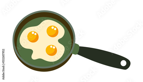 Three eggs are frying sunny side up in a small, circular frying pan. The eggs are bright yellow with a white surrounding, placed on a green base with a black handle.