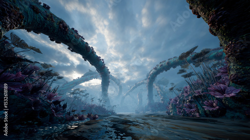 A bioengineer explores a surreal landscape where artificial biotissue intertwines with flora.