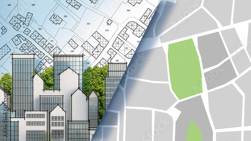 URBAN PLANNING AND CADASTRAL MAP WITH GREEN PARK, trees, residential buildings and real estate zoning for housing development in modern cityscape - Concept of territory and land use
