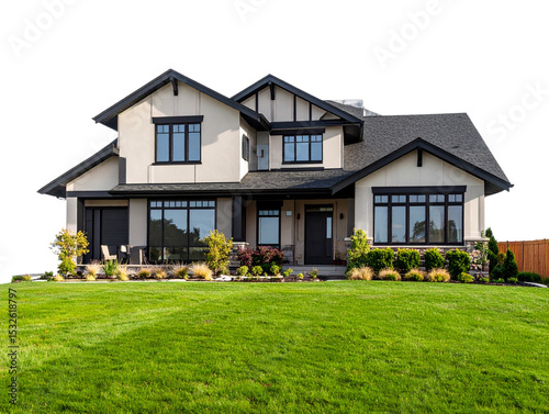Modern Suburban House with Lush Green Lawn, Transparent Background