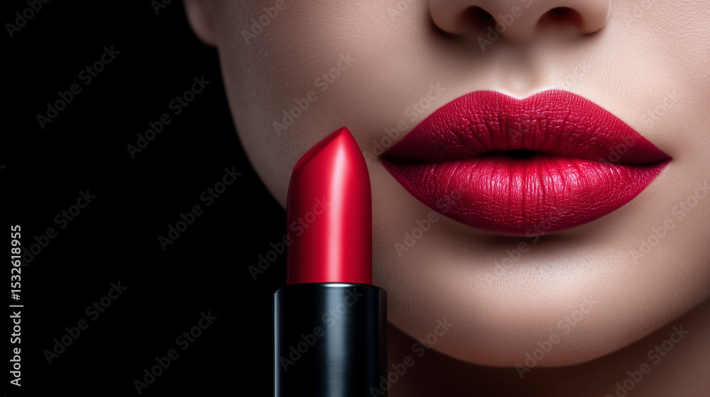 Obraz premium Woman applies red lipstick with precision in a dramatic dark setting. Elegant and bold lip choice captures beauty industry, cosmetics brands, makeup artistry