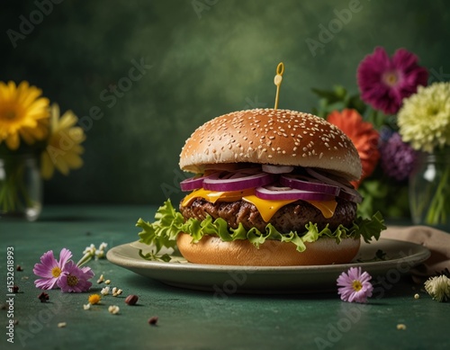 Burger on green background with flowers on background