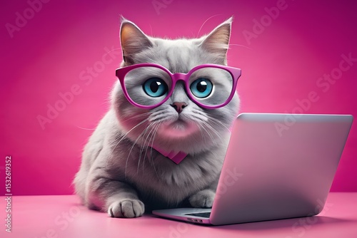 Gray cat wearing pink glasses uses laptop computer