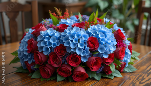 Title: Vibrant Red Roses and Blue Hydrangeas in Elegant Floral Arrangement on Wooden Table