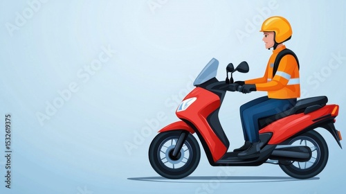 Delivery Rider on Red Scooter with Helmet and Reflective Vest in Profile View