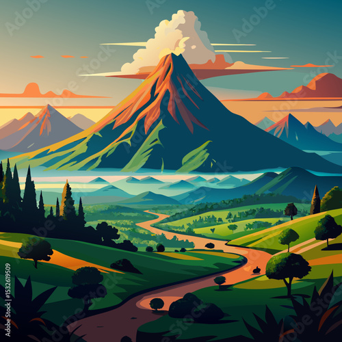 A volcanic mountain rising from a green valley in Rwanda


