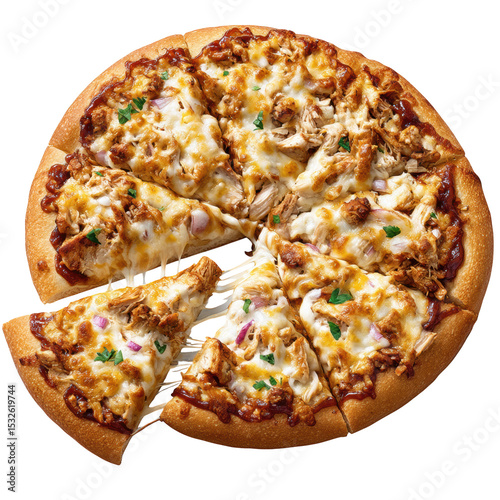 Savory BBQ chicken pizza with crispy crust, topped with melted cheese and fresh herbs, perfect for sharing