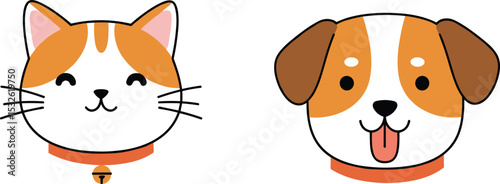 Cute cartoon cat and dog, pet illustration with collar, adorable animal face, vector art design, happy pets, simple flat style, playful expression, friendly pet characters