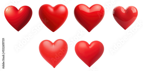 Three rows of six glossy red hearts in different shapes and sizes, isolated against a transparent background, suitable for various romantic and holiday themes. photo