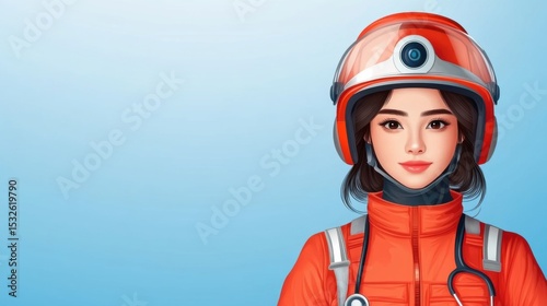 Resilient Female Health Worker in Bright Orange Uniform and Safety Helmet