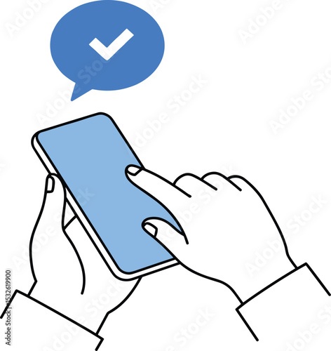 Hand holding phone, finger tapping screen, blue check icon, mobile confirmation concept, touch gesture, flat design vector, communication technology, user interface illustration, approval message