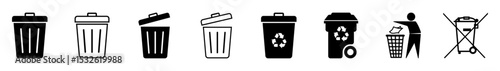 Set of recycling and trash bin icons including waste disposal, littering symbols, and recycle logos. Ideal for environment, waste management, and eco awareness designs. Icons, vector.