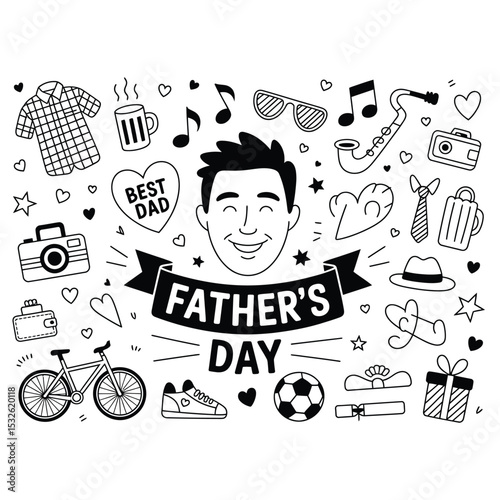a cheerful doodle-style illustration celebrating father's day with a portrait and gift-themed icons
