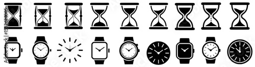 Hourglasses and wristwatches black and white icons