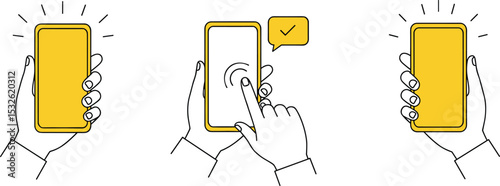 Hand holding smartphone, finger tapping mobile screen, yellow phone interface, touch screen gesture, mobile device illustration, flat vector icon, communication technology, app interaction graphic