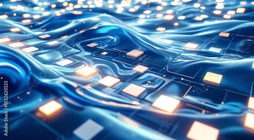 Digital liquid waves moving across a grid of glowing squares, distorting and reflecting light as they travel