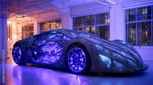 A bioengineer presents a striking vehicle that uses artificial biotissue for muscular movement, illuminated by vibrant lights in a modern studio setting, emphasizing futuristic design and innovation.