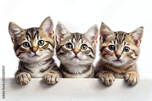 Three adorable tabby kittens peeking over a white surface