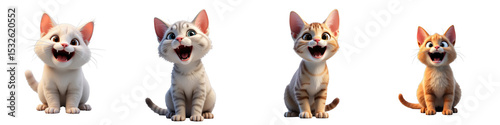Studio illustration of four cartoon cats in various colors sitting and smiling against a transparent background with a joyful expression and detailed features
