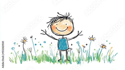 Happy Child Smiling Surrounded by Flowers in Bright Illustrated Style