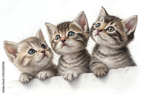 Three adorable kittens looking upward
