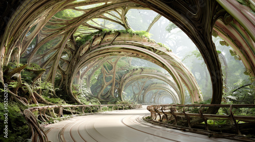 A futuristic landscape showcases bioengineered structures intertwining with natural elements.
