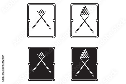 Set of billiard cues with balls vector icons. Black silhouette with crossed billiard cues and balls. Vector 10 Eps.