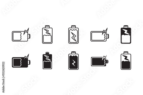 Battery icon set. Battery charging level sign. Charge capacity levels percentage illustration. Vector simple design. Green, red, yellow colors