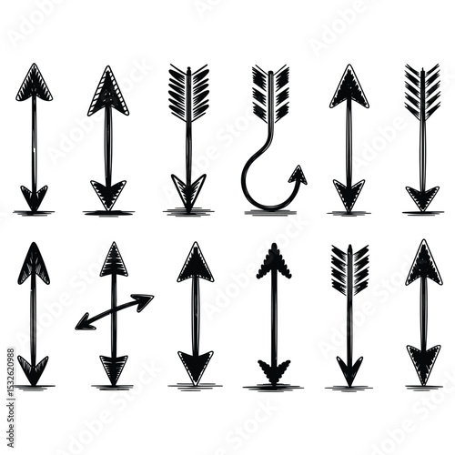 a collection of twelve textured hand-drawn arrows in black outline with dynamic sketchy details and directional variety