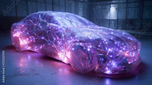 A futuristic vehicle crafted from bioengineered materials glows with vibrant lights.