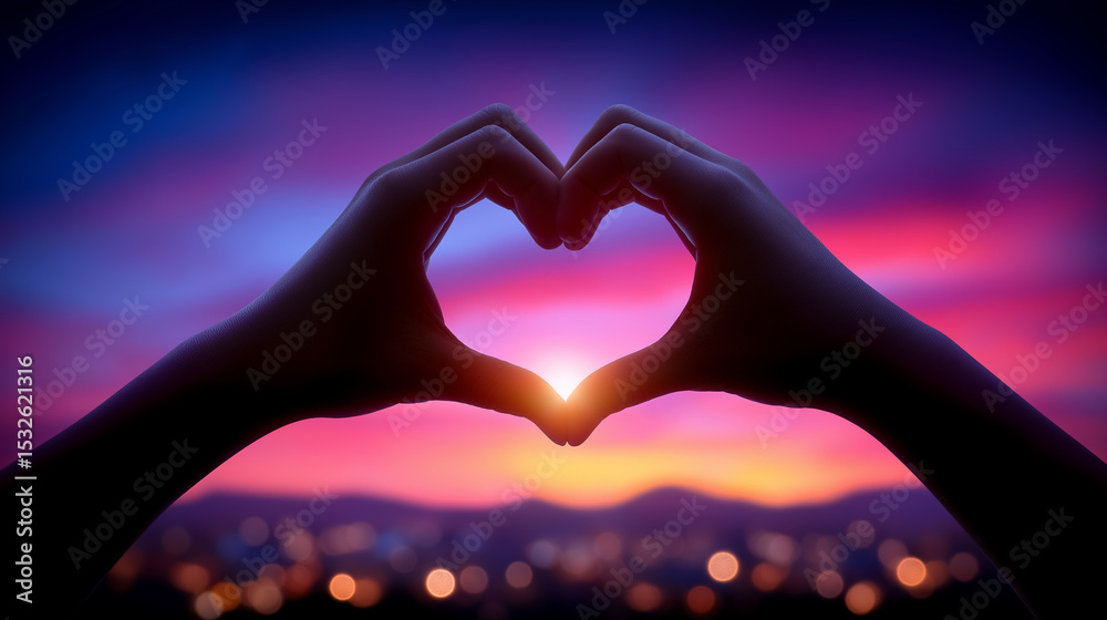 Fototapeta premium Hands create heart shape silhouette at sunset, vibrant colors blend in sky. City lights twinkle below, capturing feelings of love, connection, and romance. Concept of relationships, weddings, dating