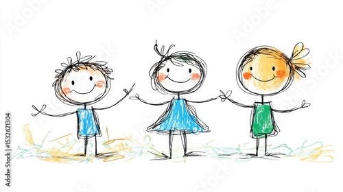 Three Cheerful Children Holding Hands in Hand-Drawn Illustration