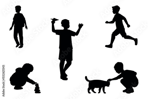 set of silhouettes of boys in different movements