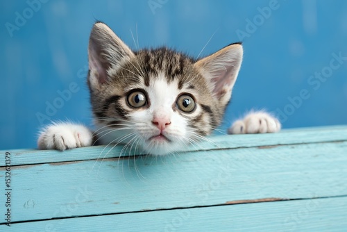 Cute tabby kitten peeking over blue wooden fence