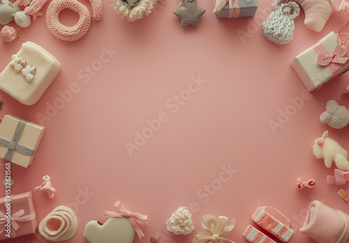A soft pink background with neatly arranged baby items, gifts, and decorative items in the corners, leaving a clear central space for text or design elements.