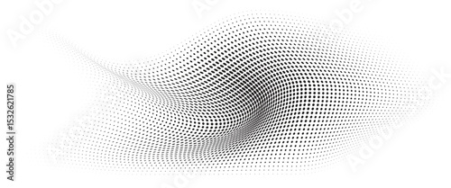 Flowing Wave Dot Halftone Pattern: Curve Gradient Shape on Transparent Background. Suitable for AI, Tech, Network, Digital, Science, and Technology Themes.