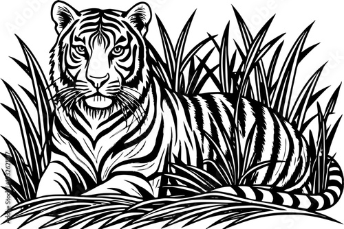 tiger in the grass. A tiger resting in tall green grass .  majestic tiger, its stripes bold and its eyes piercing,