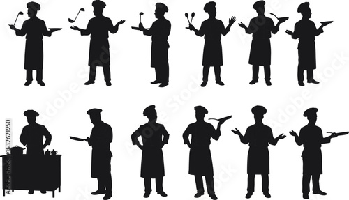 Silhouette chef characters holding kitchen utensils, cooking food, serving dishes, professional cooks vector illustration for restaurant, culinary