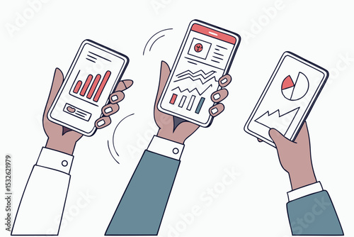 Three business hands holding smartphones displaying financial data charts