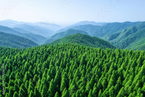 Vast evergreen forest covering rolling hills under a clear sky, with distant mountain ranges fading into the horizon.