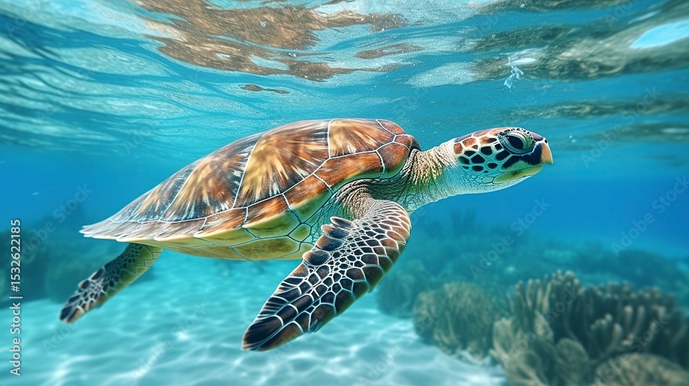 Fototapeta premium A photo of a sea turtle swimming in crystal clear water