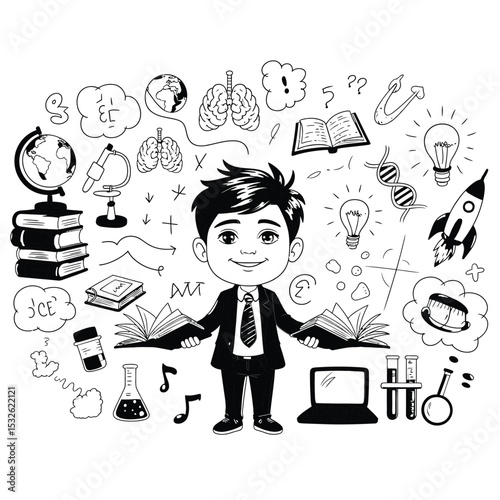 a detailed black and white cartoon illustration of a confident boy surrounded by educational doodles and learning icons