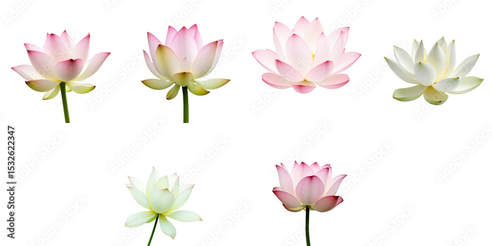Obraz premium various lotus flowers isolated on transparent background in multiple colors and perspectives showcasing intricate petal details and vibrant shades