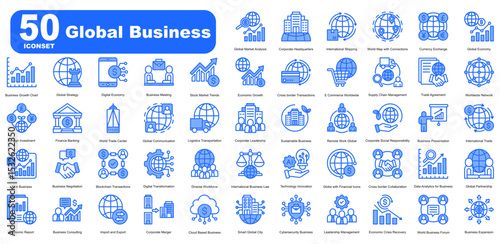 Global Business Editable Icons set. Vector illustration in modern thin blue  style of business related icons	
