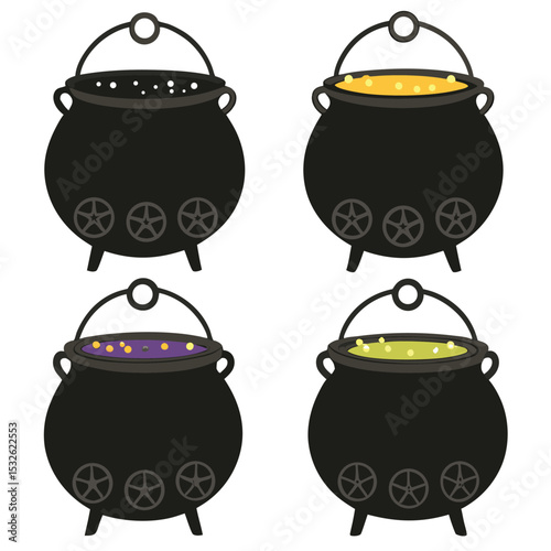 Four black witch's cauldrons, each filled with a different colored brew (purple, yellow, and orange), are depicted against a pure white background.